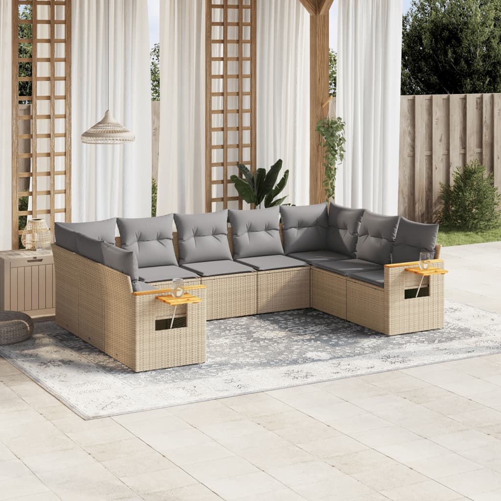 Vetonek Set de sofás de jardín 9 pzas con cojines ratán sintético beige