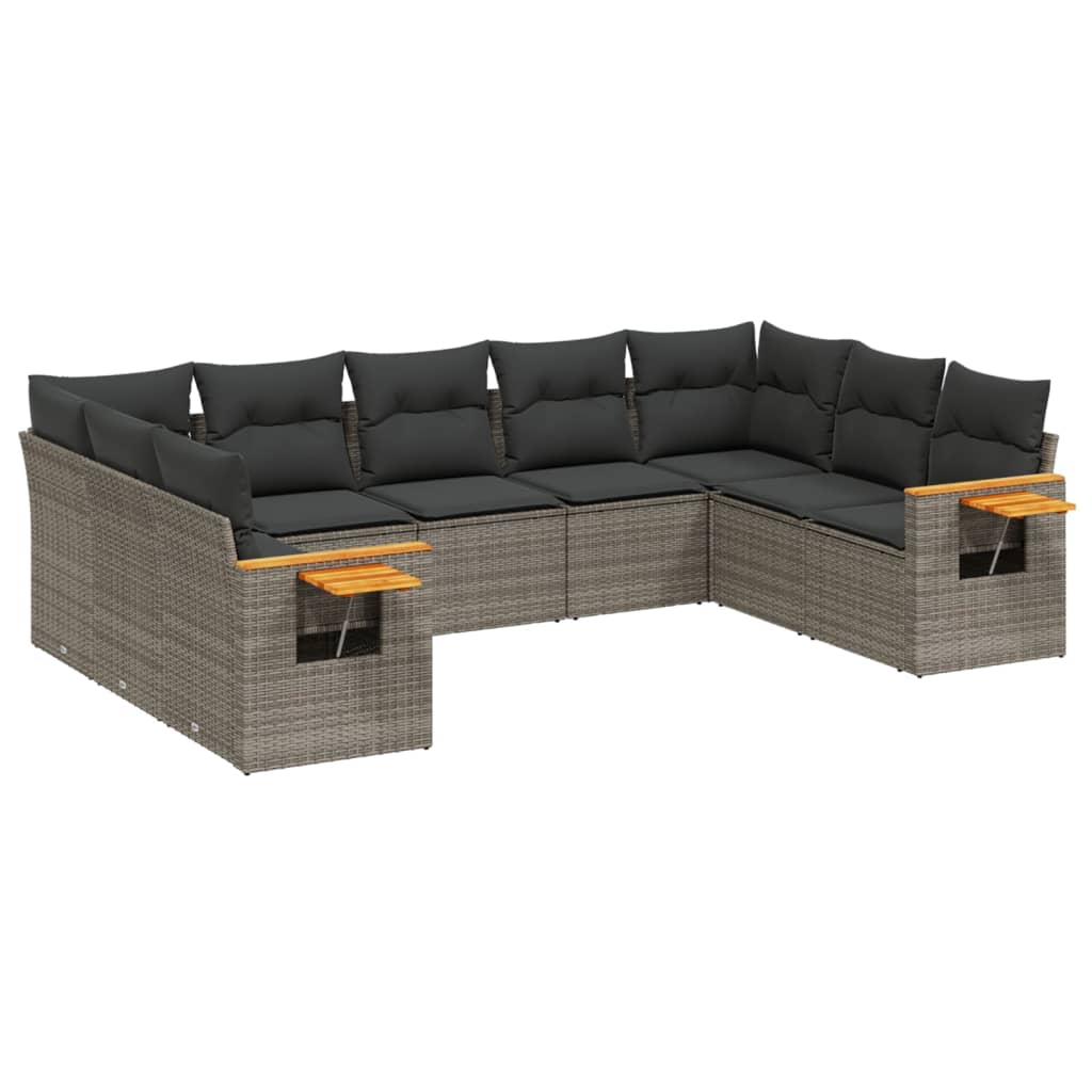 Set de muebles de jardín 9 pzas y cojines ratán sintético gris - Vetonek