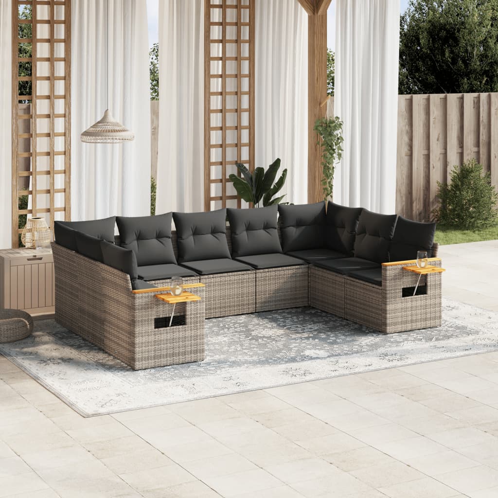 Vetonek Set de muebles de jardín 9 pzas y cojines ratán sintético gris