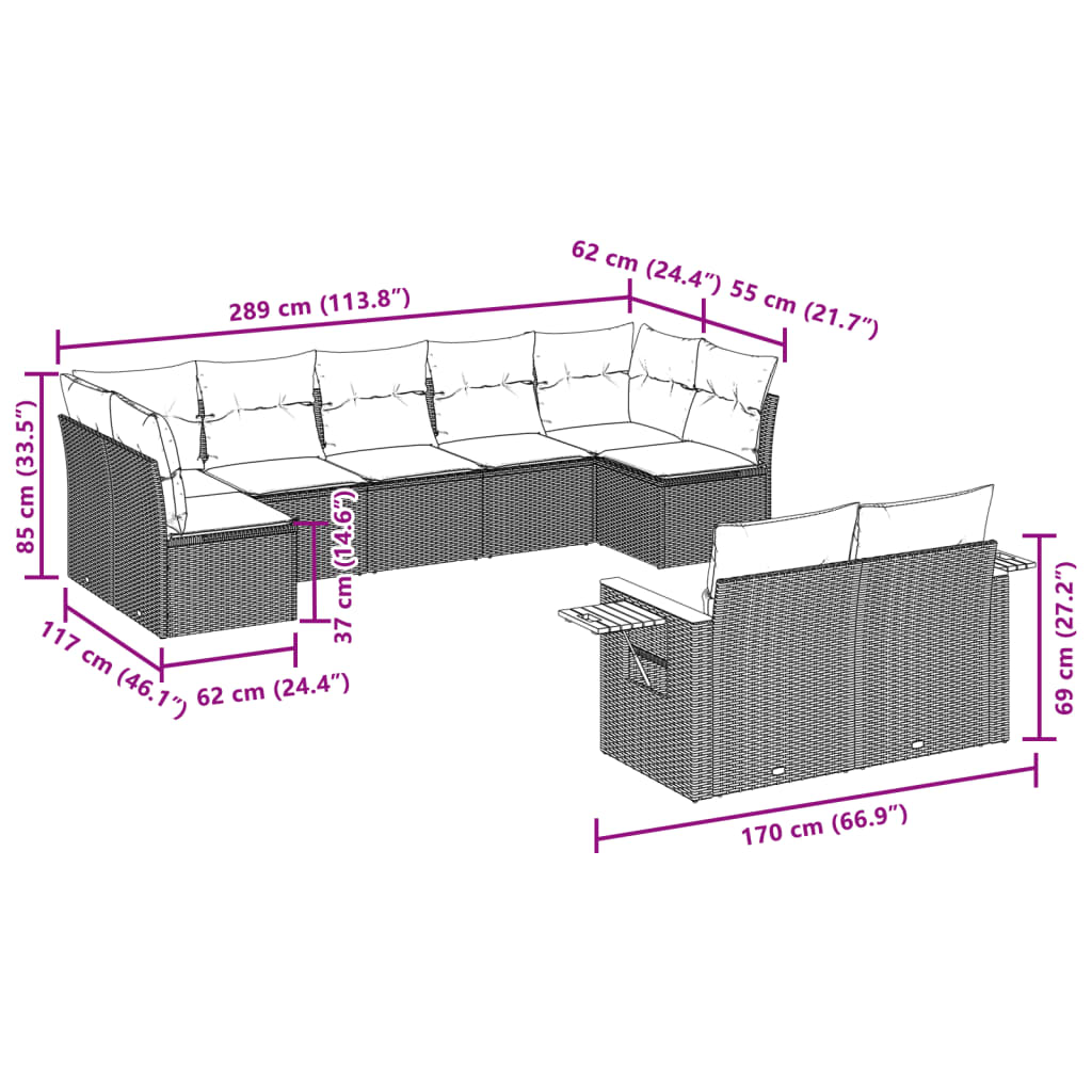 Les canapés de jardin réglent 9 pcs avec des coussins synthétiques beige