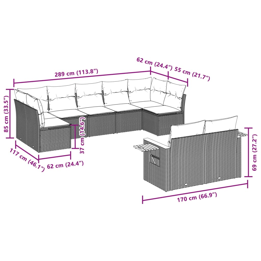 Garden Sofas Set 9 Pcs with Beige synthetic cushions