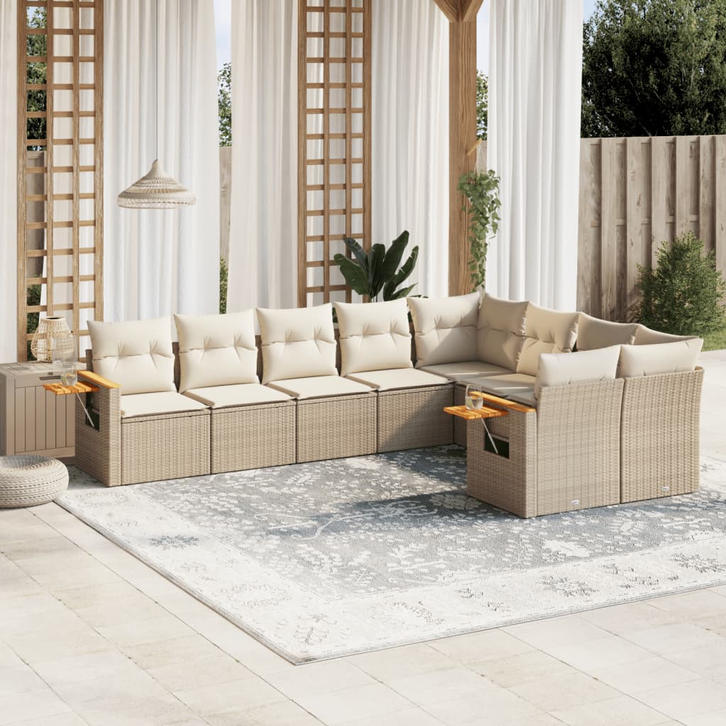 Vetonek Set de sofás de jardín 9 pzas con cojines ratán sintético beige