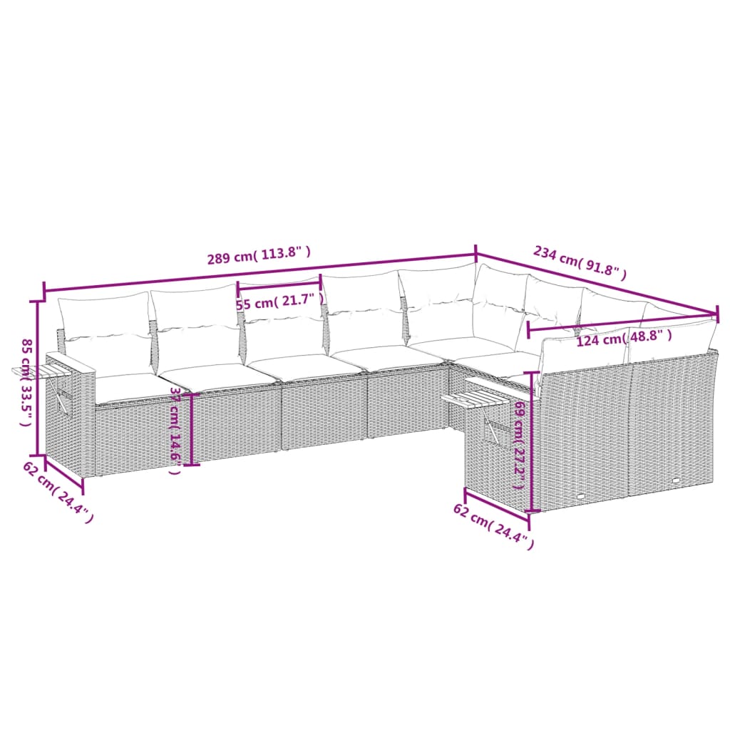 Gartensofas Set 9 PCs mit beige synthetischen Kissen