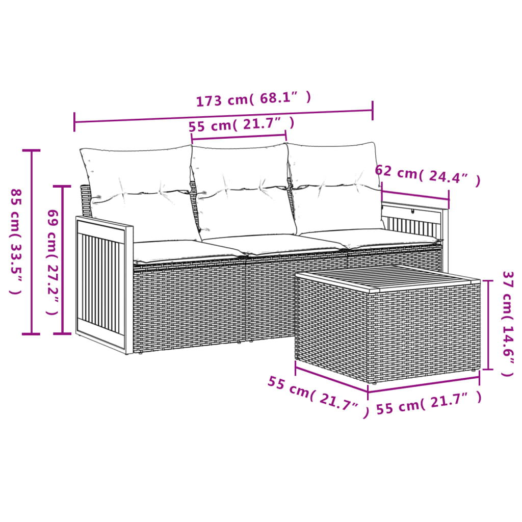 4 PCs Gartensofas Set und graue synthetische Rattan -Kissen