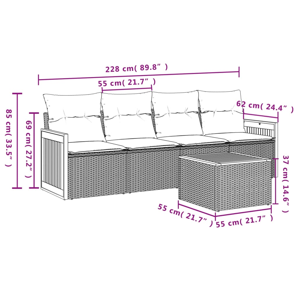 Conjunto de móveis de jardim 5 PCs e almofadas sintéticas pretas