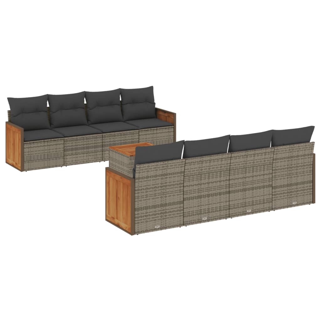 Set de muebles de jardín 9 pzas y cojines ratán sintético gris - Vetonek