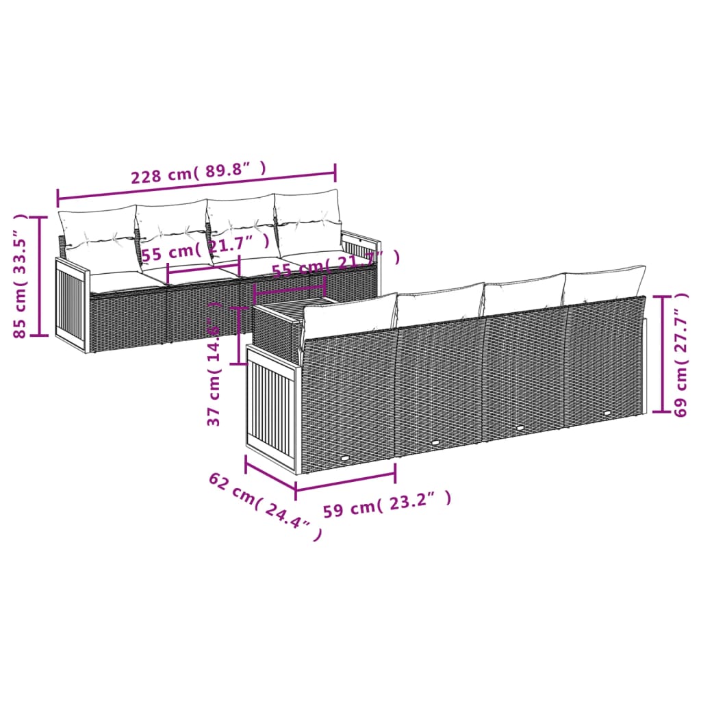 Set de muebles de jardín 9 pzas y cojines ratán sintético gris - Vetonek