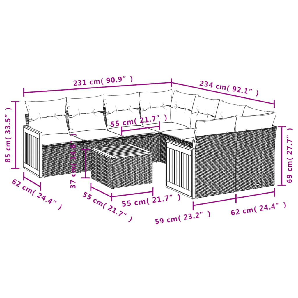 Les canapés de jardin réglent 9 pcs avec des coussins synthétiques beige