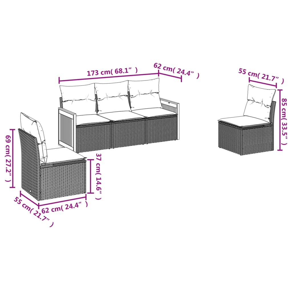 Conjunto de móveis de jardim 5 PCs e almofadas sintéticas pretas