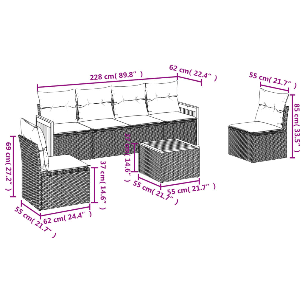 Set sofás de jardín 7 piezas y cojines ratán sintético beige - Vetonek