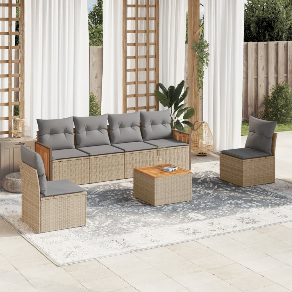 Set sofás de jardín 7 piezas y cojines ratán sintético beige