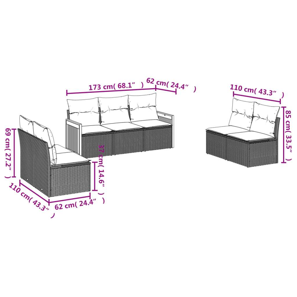 Set de comedor de jardín 7 pzas y cojines ratán sintético negro