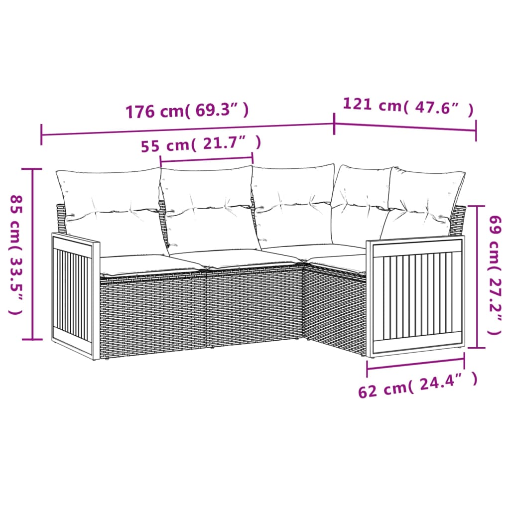 4 PCs Gartensofas Set und graue synthetische Rattan -Kissen