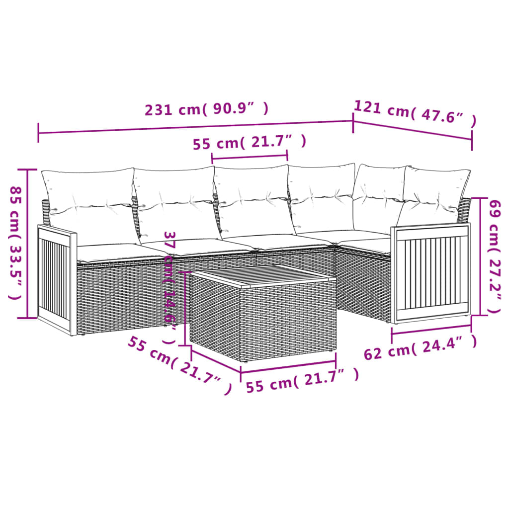 Garden furniture set 6 pcs and gray synthetic rattan cushions