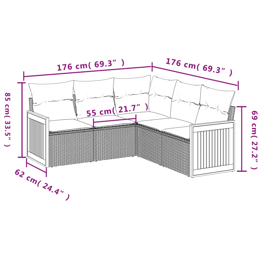 Conjunto de móveis de jardim 5 PCs e almofadas sintéticas pretas