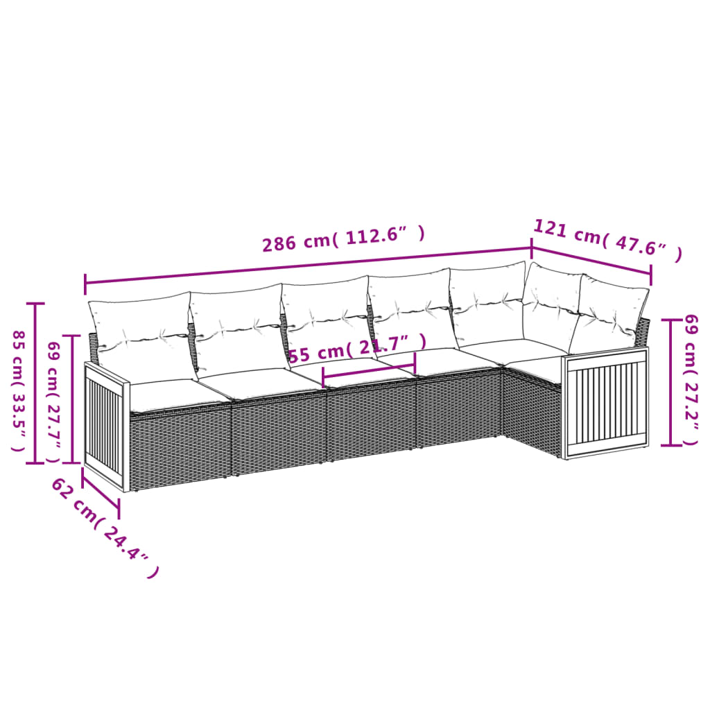 Sofás de jardim Conjunto de 6 peças e almofadas de vime sintético preto