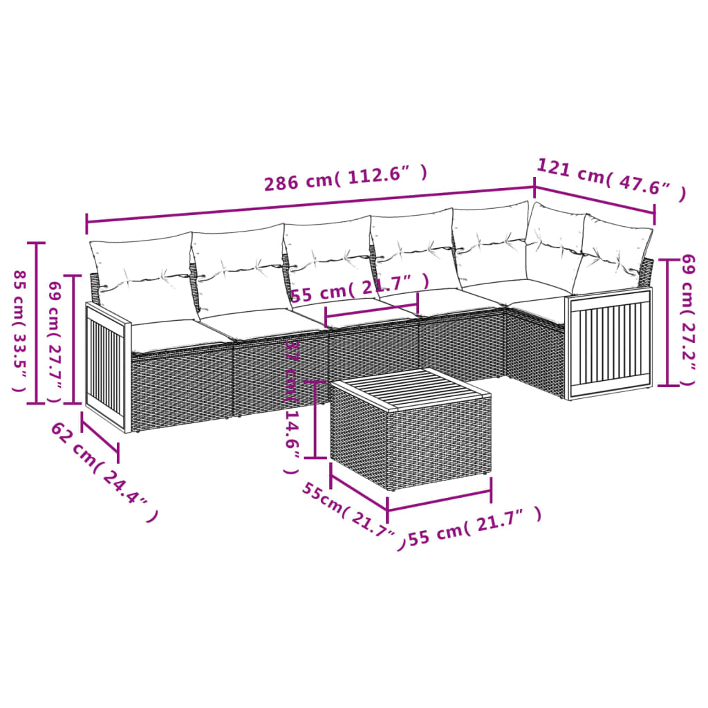 Set de comedor de jardín 7 pzas y cojines ratán sintético negro