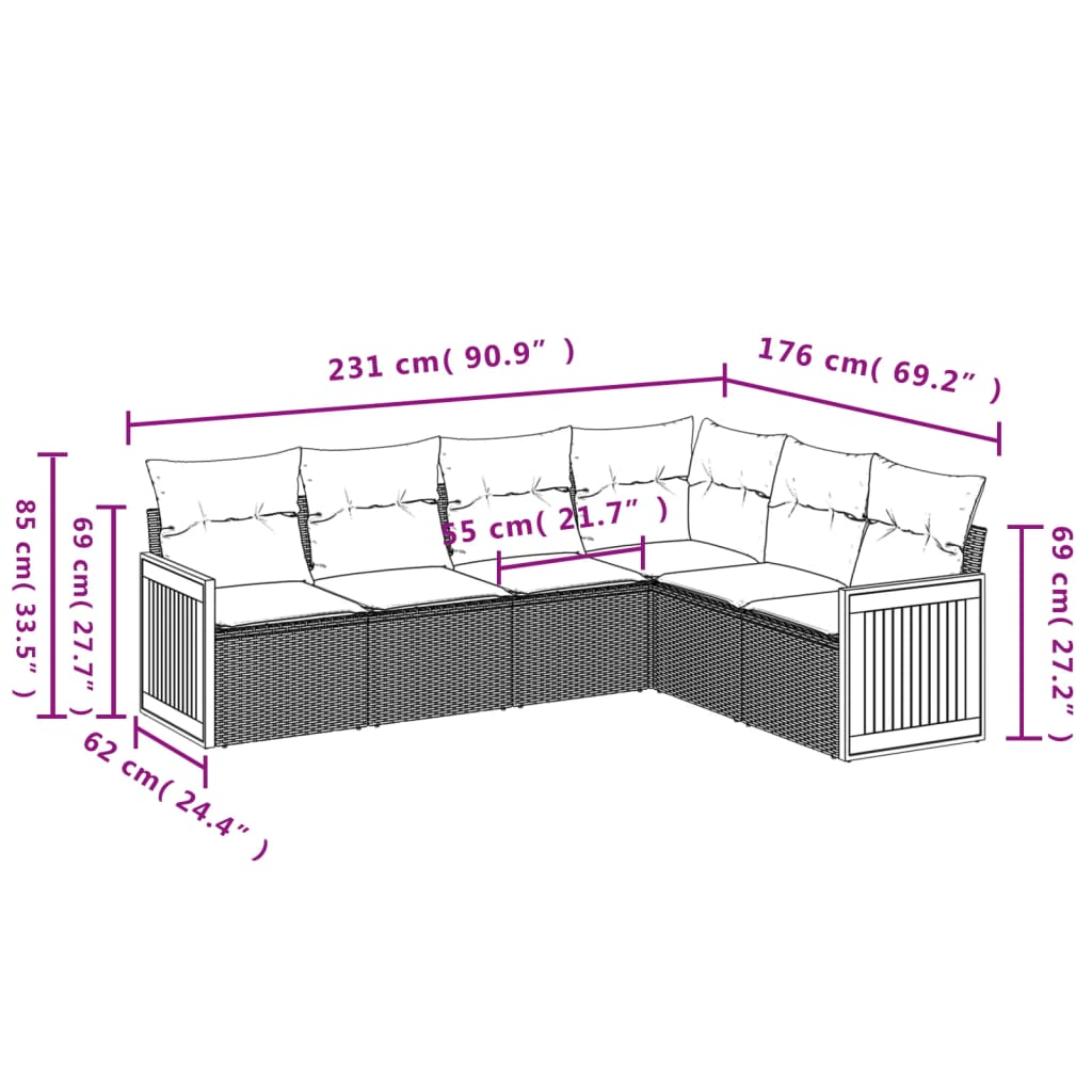 Les canapés de jardin se fixent 6 pièces et les coussins de rotin synthétique noirs