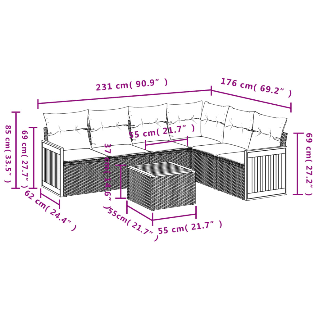 Set de comedor de jardín 7 pzas y cojines ratán sintético negro