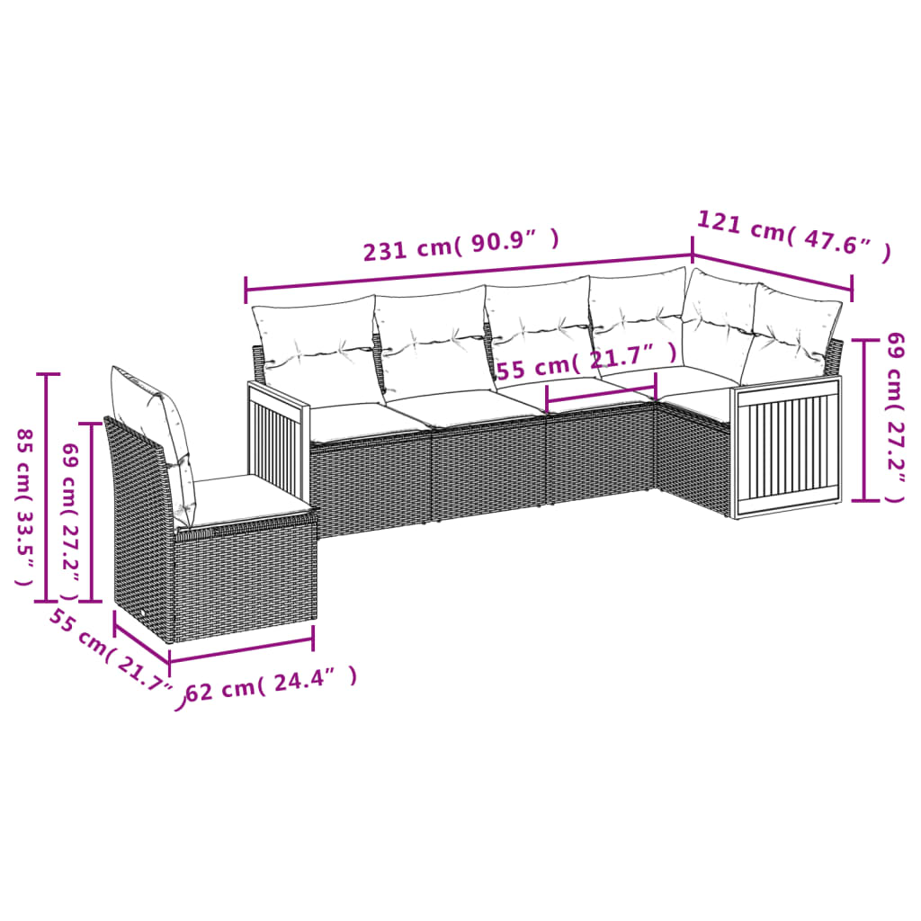 Set de sofás de jardín 6 piezas y cojines ratán sintético negro