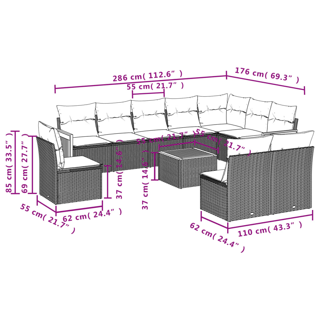 Set de sofás de jardín 11 pzas y cojines ratán sintético negro