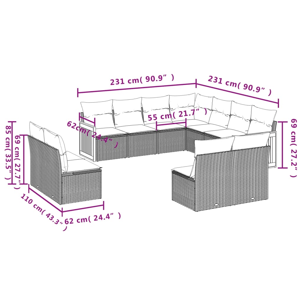 Sofás de jardim Conjunto de 11 PCs e Almofadas Cinzentas de Rattan Sintética