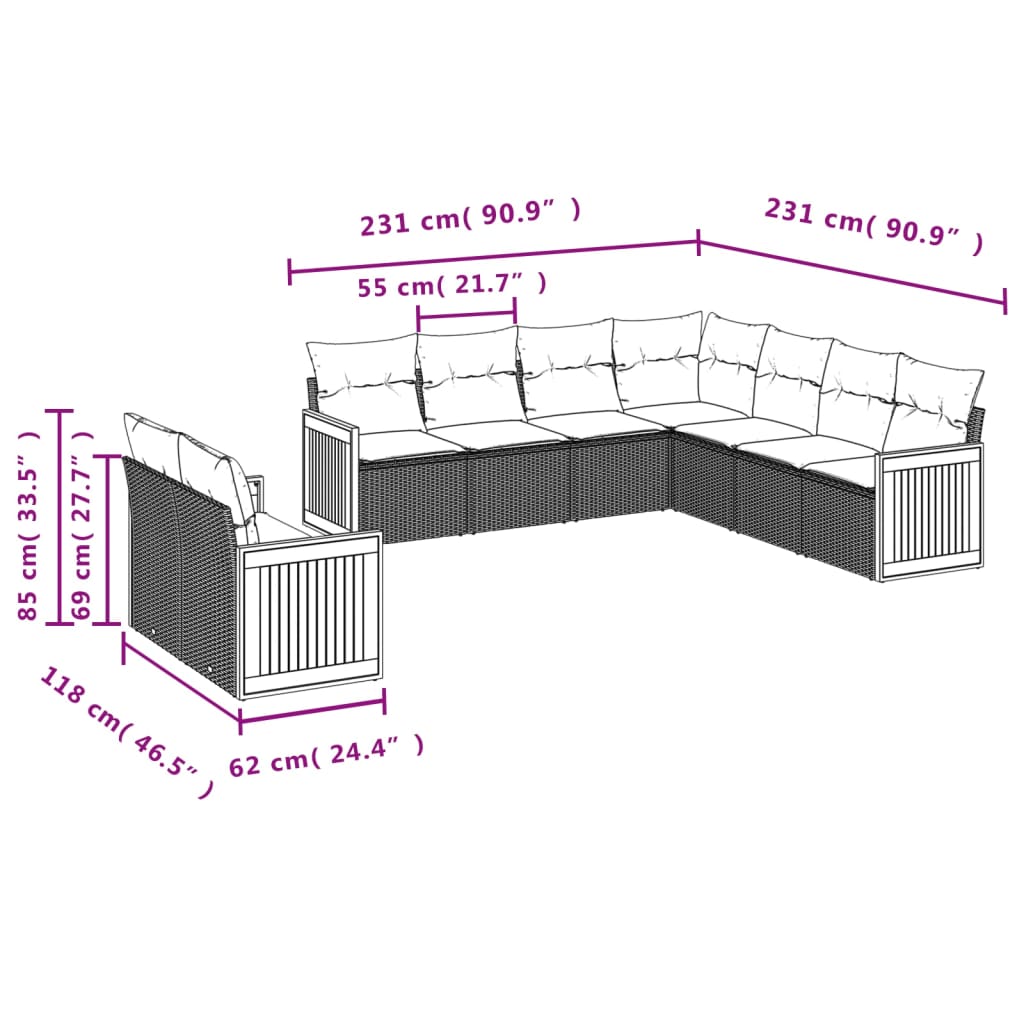 Sofás de jardim Conjunto de 8 peças e almofadas de vime sintético preto