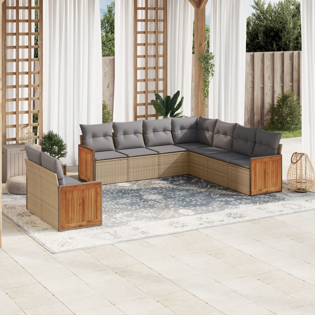 Vetonek Set de sofás de jardín 9 pzas con cojines ratán sintético beige