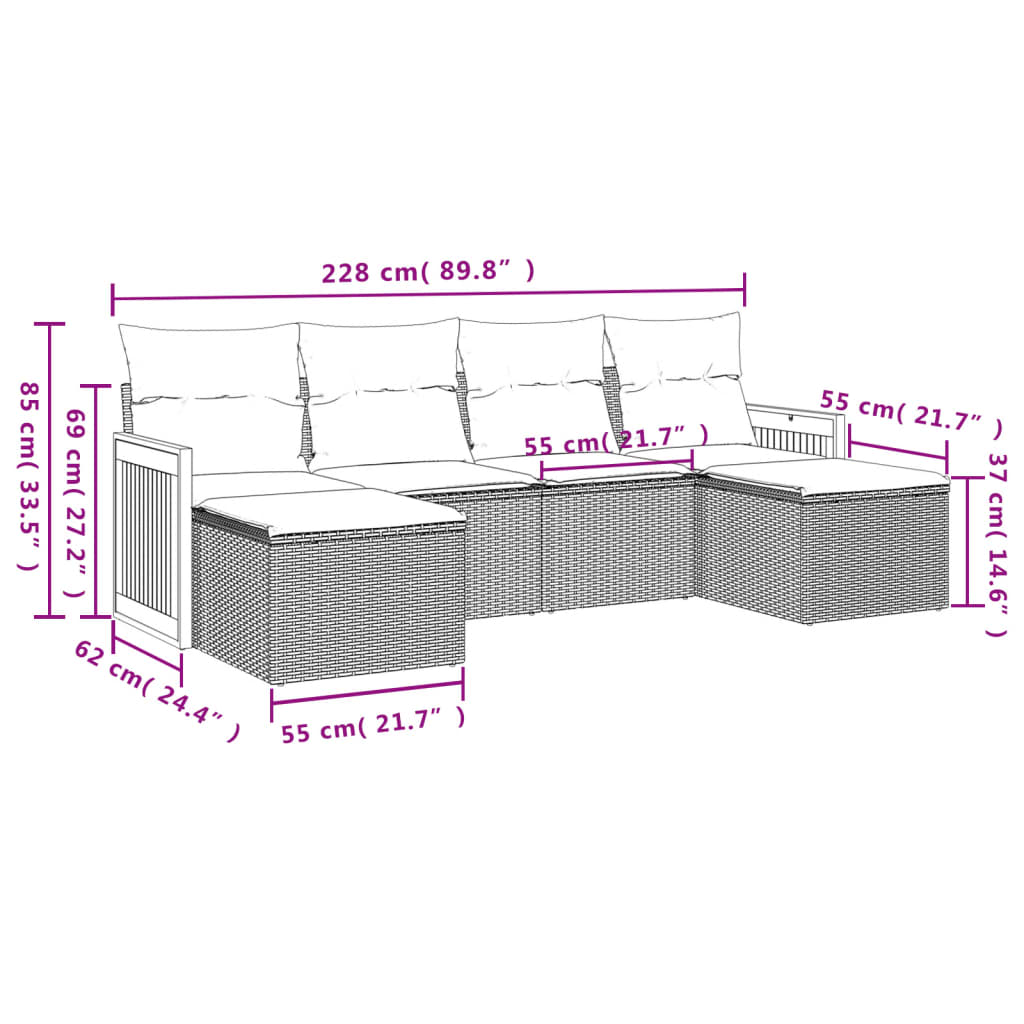 Set de muebles de jardín 6 pzas y cojines ratán sintético gris - Vetonek