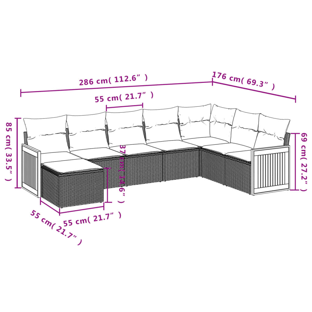 Sofás de jardim Conjunto de 8 peças e almofadas de vime sintético preto