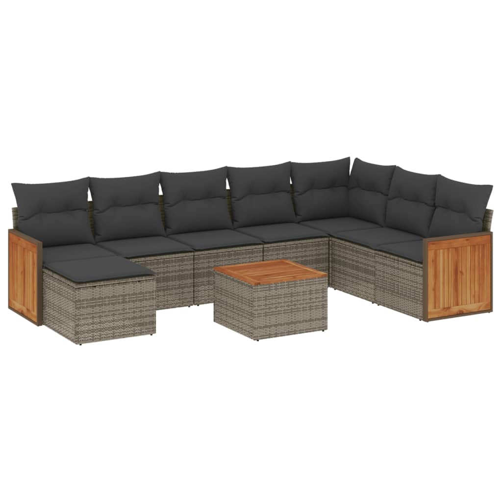 Set de muebles de jardín 9 pzas y cojines ratán sintético gris - Vetonek