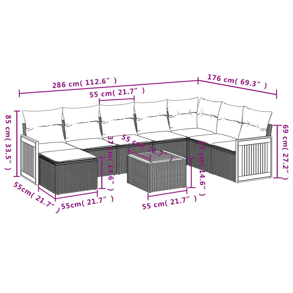 Set de muebles de jardín 9 pzas y cojines ratán sintético gris - Vetonek