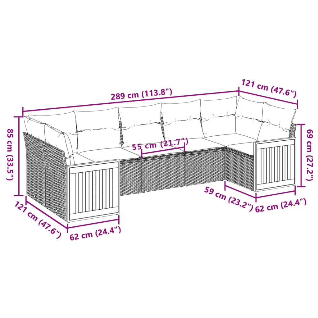 Sofás de jardim Conjunto de 7 peças com almofadas de vime cinza