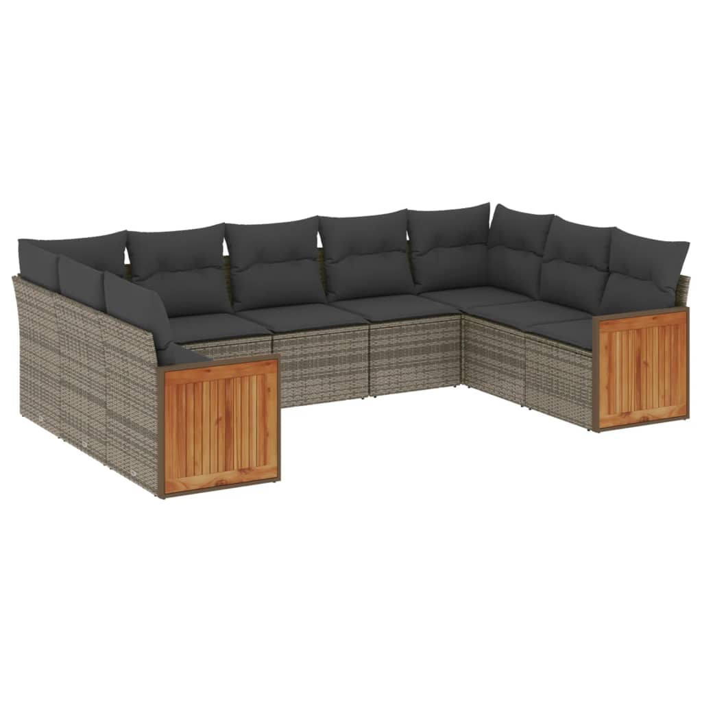 Set de muebles de jardín 9 pzas y cojines ratán sintético gris - Vetonek