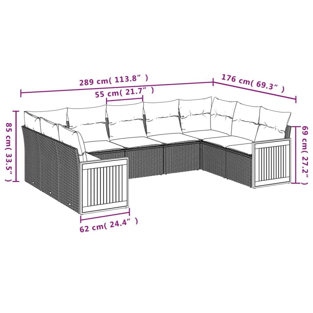 Set de muebles de jardín 9 pzas y cojines ratán sintético gris - Vetonek