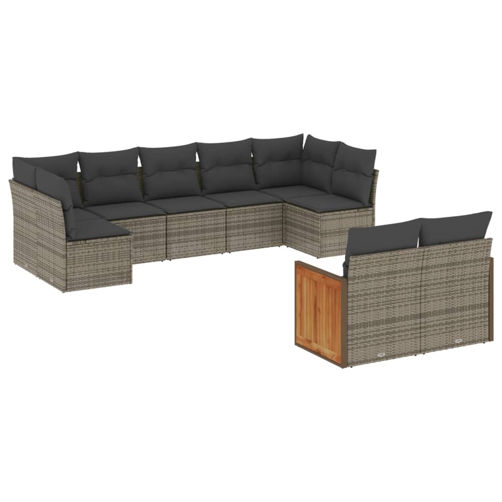 Set de muebles de jardín 9 pzas y cojines ratán sintético gris - Vetonek