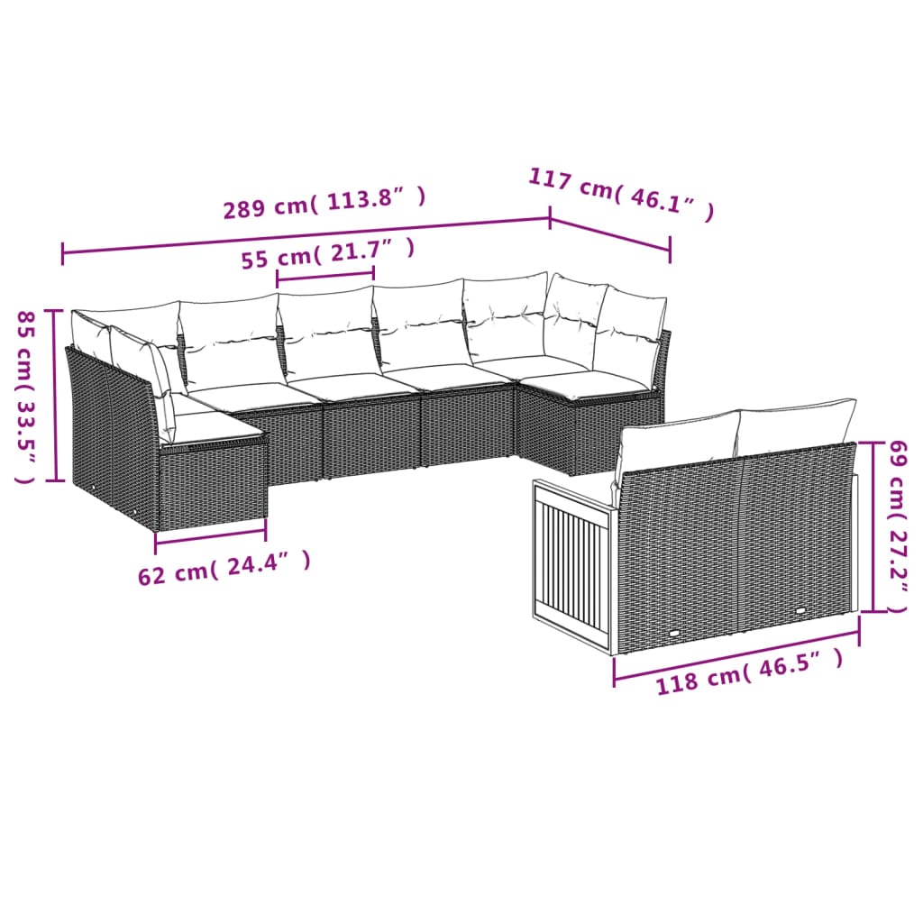 Set de muebles de jardín 9 pzas y cojines ratán sintético gris - Vetonek