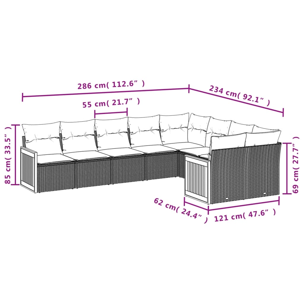 Garden Sofas Set 9 Pcs with Beige synthetic cushions