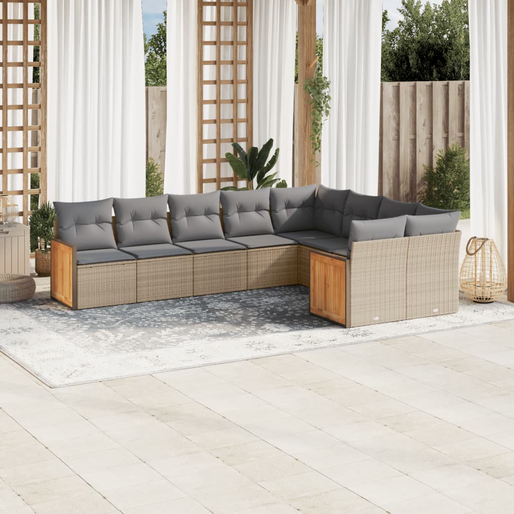 Vetonek Set de sofás de jardín 9 pzas con cojines ratán sintético beige