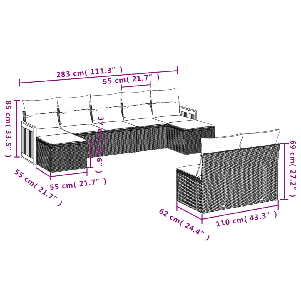 Gartensofas Set 8 Stücke und schwarze synthetische Rattankissen