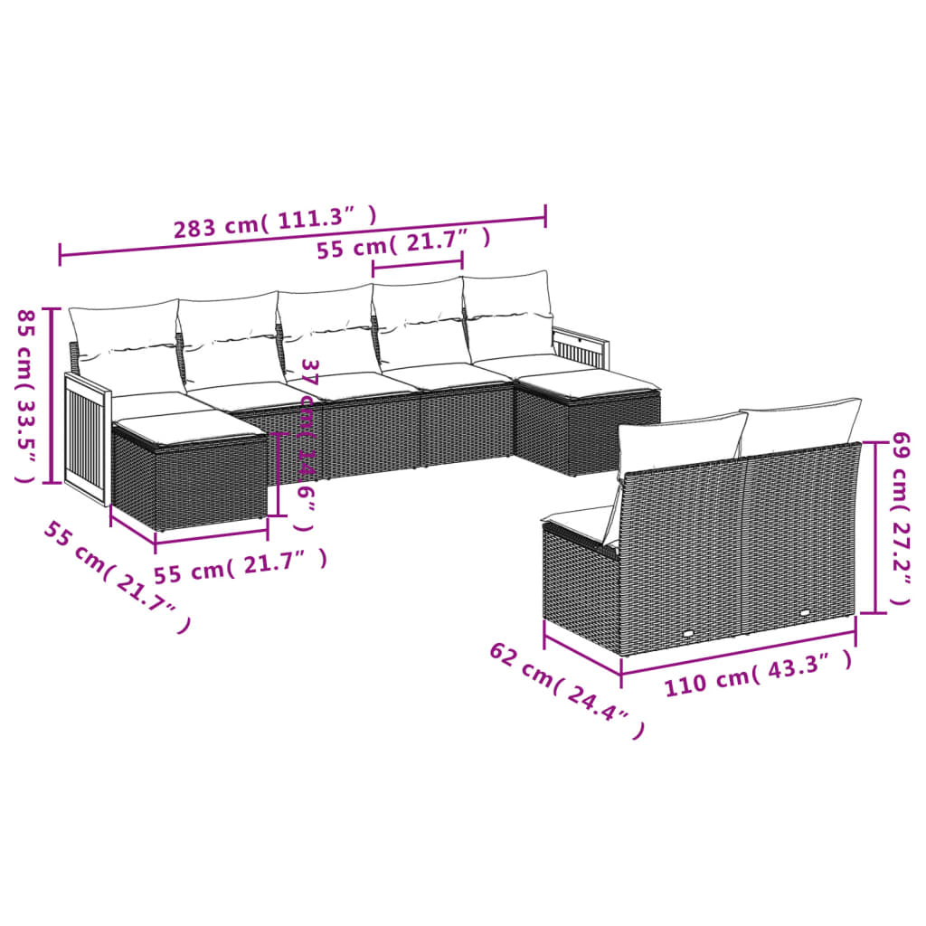 Gartensofas Set 9 PCs mit beige synthetischen Kissen