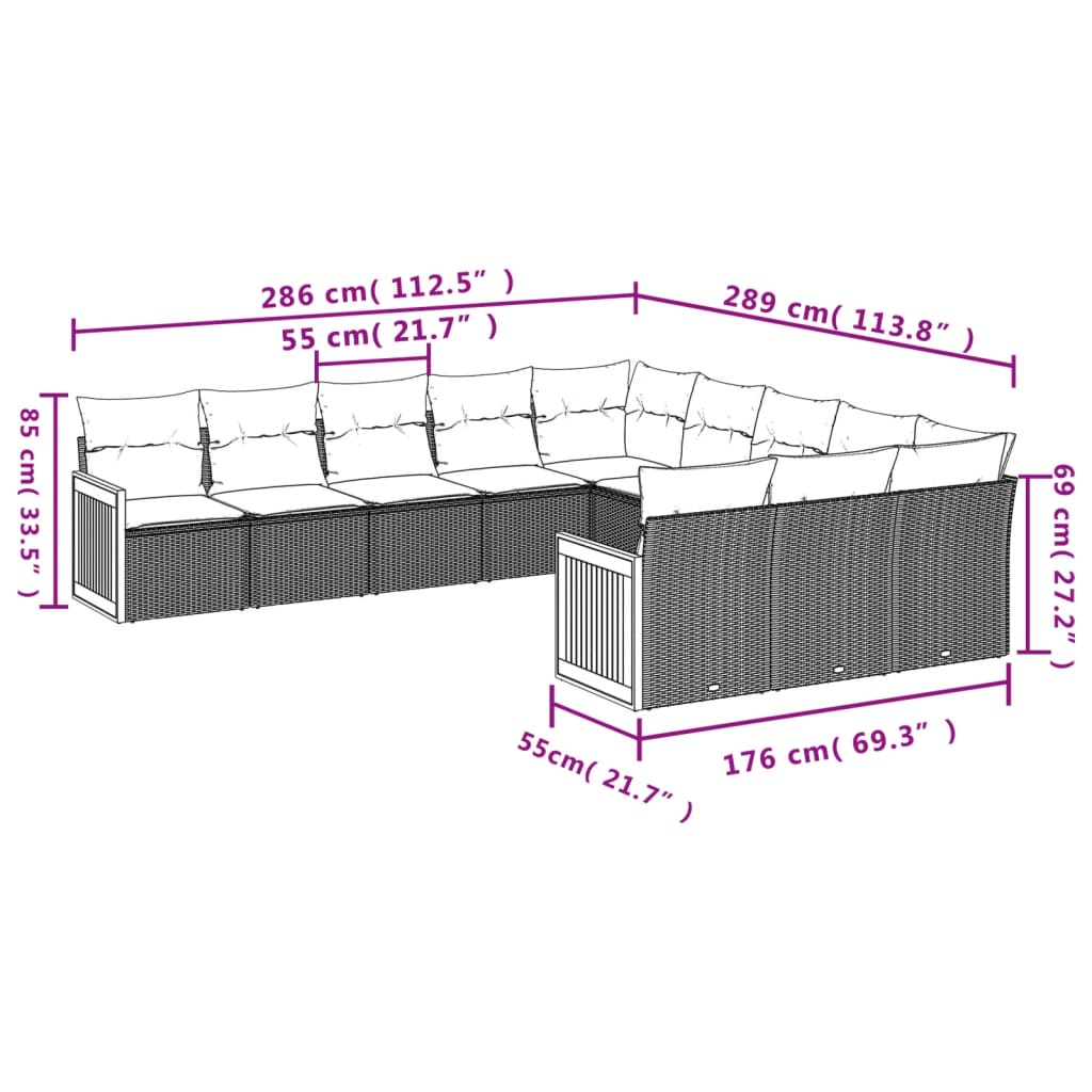 Sofás de jardim Conjunto de 11 PCs e Almofadas Cinzentas de Rattan Sintética