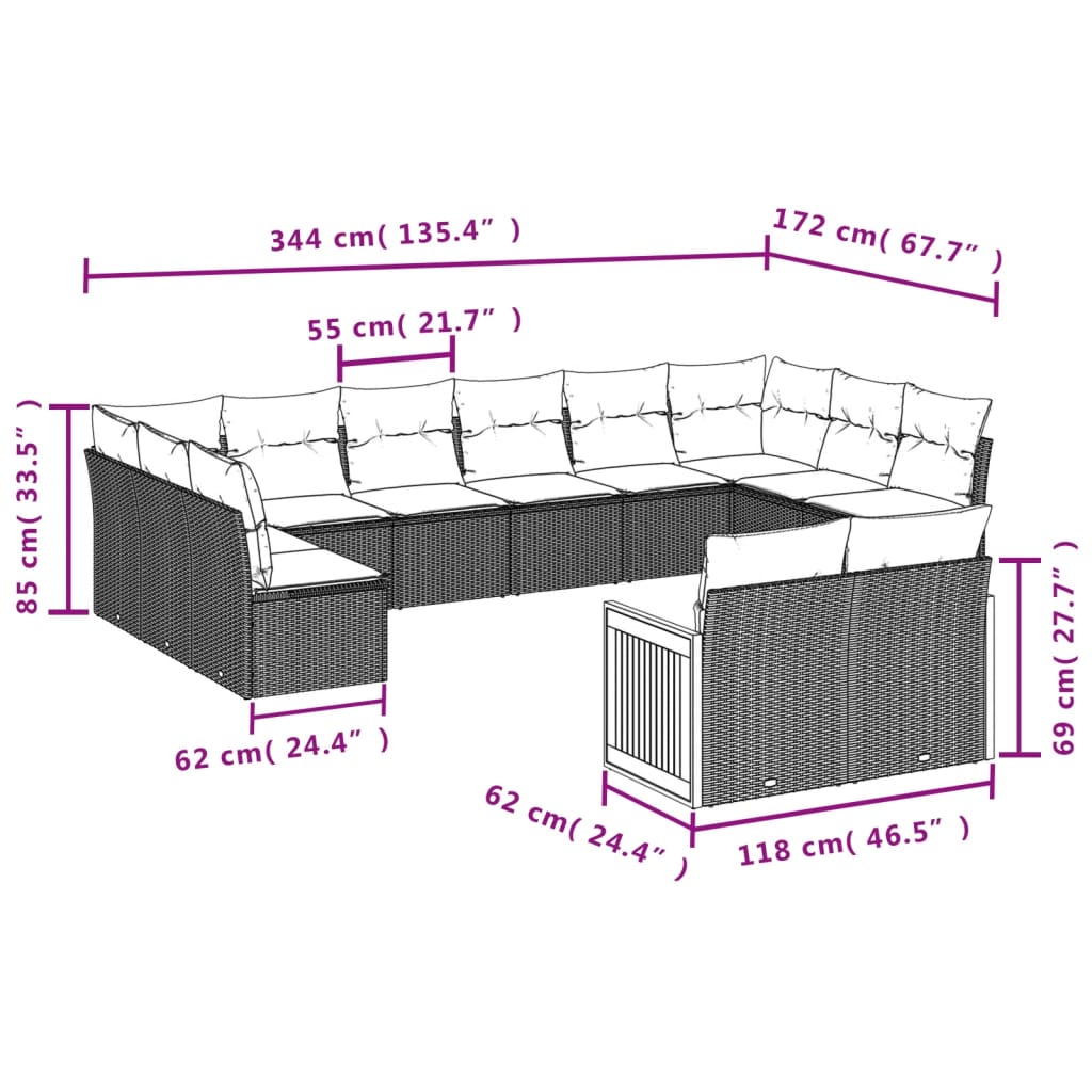 Sofás de jardim Conjunto de 12 PCs e almofadas de ratán sintéticas marrons