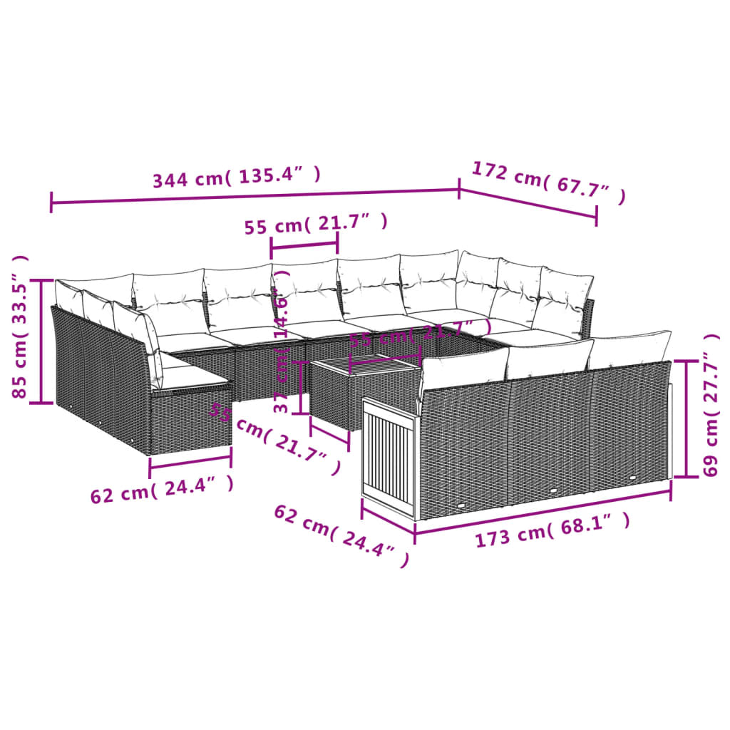 Set sofás de jardín 14 pzas con cojines ratán sintético negro