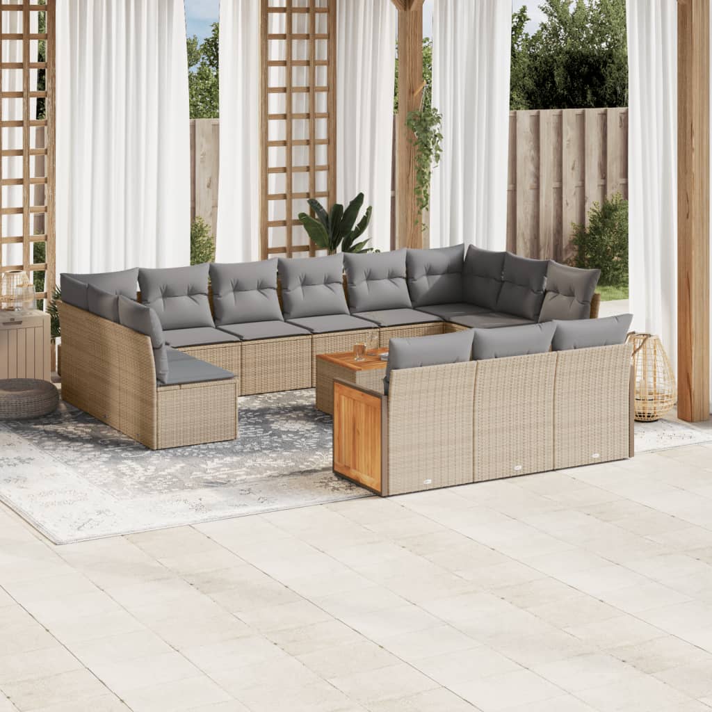 Set sofás de jardín 14 pzas con cojines ratán sintético beige