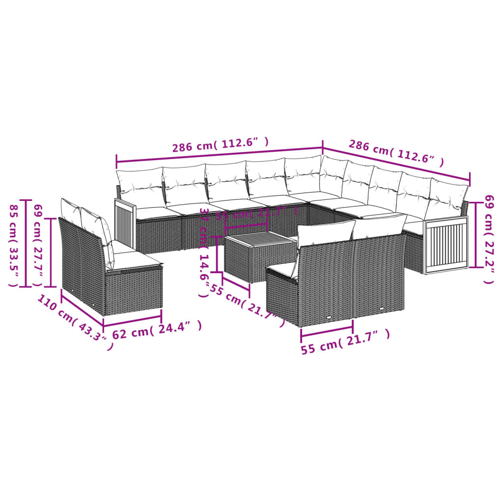 Sofás de jardim Conjunto de 14 PCs com almofadas de vime sintético preto