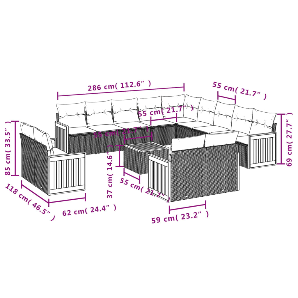 Set sofás de jardín 14 pzas con cojines ratán sintético beige - Vetonek