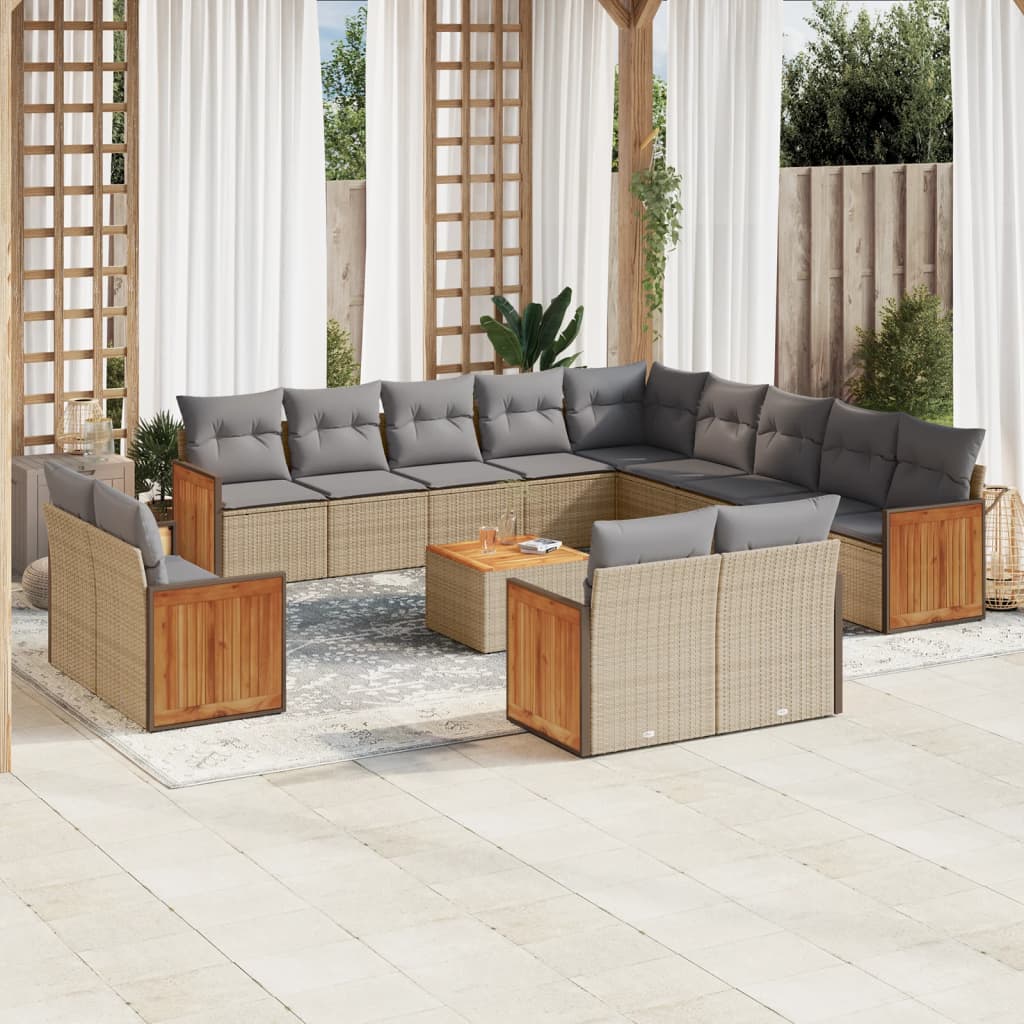 Set sofás de jardín 14 pzas con cojines ratán sintético beige