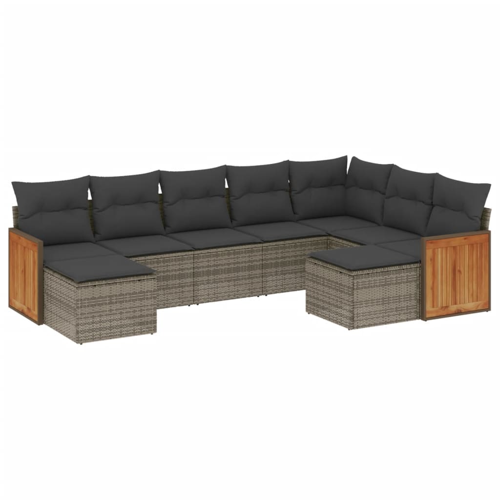 Set de muebles de jardín 9 pzas y cojines ratán sintético gris - Vetonek