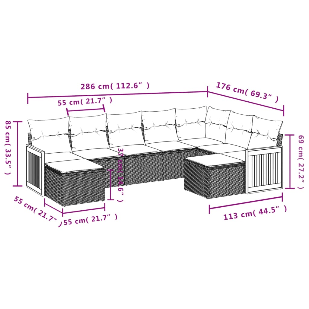 Set de muebles de jardín 9 pzas y cojines ratán sintético gris - Vetonek